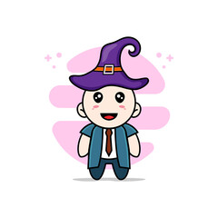 Cute businessman character wearing witch hat.
