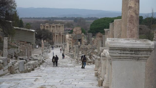 Selcuk, Ephesus, Turkey - January 2021: View of the ruins of the ancient Greek city of Ephesus near Selcuk. Ruins of the ancient city. 