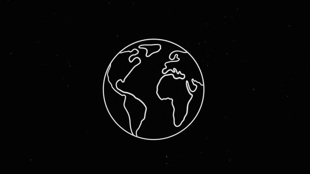 Animated Earth cartoon. Hand drawn outline globe. Seamless loop. White Earth on black background. 