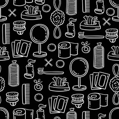 Vector seamless pattern with hygiene items. Cartoon background with hand drawn personal care products on black color
