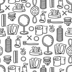 Vector seamless pattern with hygiene items. Cartoon background with hand drawn personal care products on white color