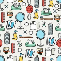 Vector seamless pattern with hygiene items. Cartoon colorful background with hand drawn personal care products - 410374077