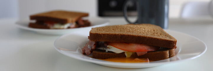 Close-up of delicious sandwich made of dark bread tomato cheese butter and omelette. Cup with beverage. Tasty morning meal. Fast food and quick snack for tea or coffee concept