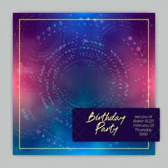 Obraz premium Greeting card or social media post. Party invitation with a space background 
