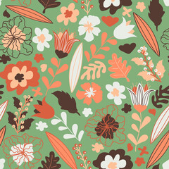Seamless pattern with colorful pretty flowers, leaves and floral elements. Floral colorful design for baby products, fabric, wallpaper, toys and more, raster version