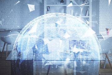 Double exposure of business theme drawing and office interior background. Concept of success