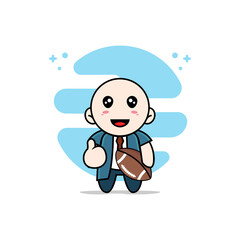 Cute businessman character holding a rugby ball.
