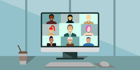 Office computer with icons of people, video communication. Flat style icons, illustration for internet business and online learning websites