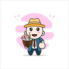 Cute businessman character holding a coconut ice.
