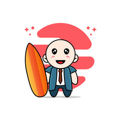 Cute businessman character holding a surf board.