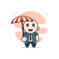 Cute businessman character holding a umbrella.