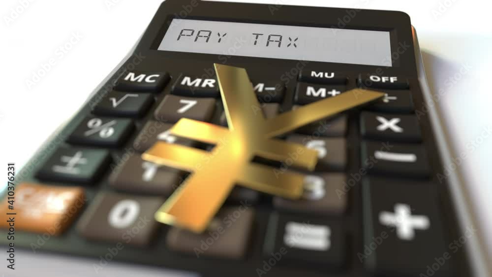 Poster yen currency symbol on the keys and pay tax text on calculator display. conceptual 3d animation