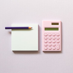 Memo paper, sticky notes and digital calculator with colored pencil on purple background. top view, copy space