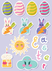 Set of Easter gift tags, scrapbooking elements, labels, badges with cute bunnies and lettering . Easter greeting stickers with bunny, flowers, eggs. 