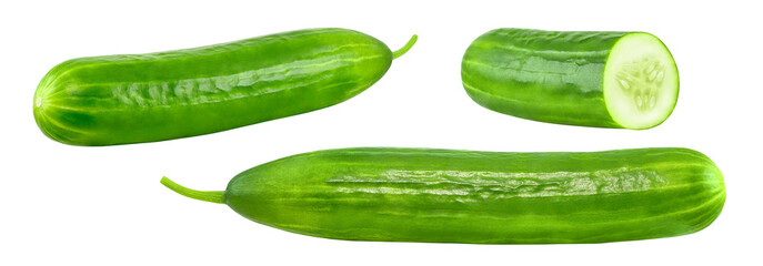Cucumbers whole and cut isolated on a white background with clipping path. Full depth of field. Set of parts..