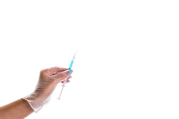 Syringe isolated. Doctor hand in medical glove hold syringe with needle for protection flu virus and coronavirus. Covid vaccine isolated on white. Concept fight against virus covid-19.