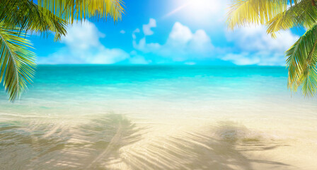 Fototapeta na wymiar Summer landscape of tropical island. Branches of palm trees create shade in sand. Dazzlingly bright sun. Horizon is softly blurred. Transition of sandy beach to turquoise water.