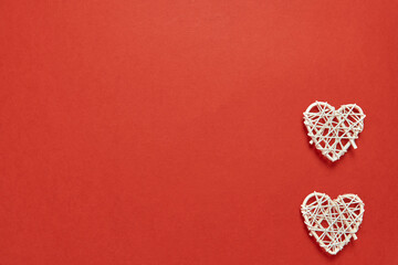 Obraz premium Two white homemade hearts background. Love symbol, romantic background. Valentine's day holiday gift card. High quality photo