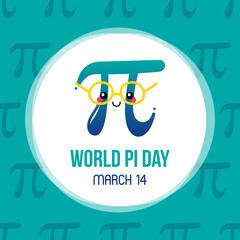 World Pi Day vector card, illustration with cute cartoon style pi letter character. - obrazy, fototapety, plakaty