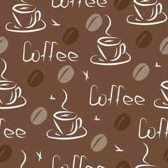 Seamless pattern of coffee cups and beans on a dark brown background. Lettering. Vector illustration
