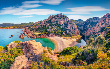 Fototapeta premium Beautiful marine scenery. Attractive morning view of Li Cossi beach. Fantastic summer scene of Costa Paradiso, Sardinia island, Italy, Europe. Wonderful Mediterranean seascape.