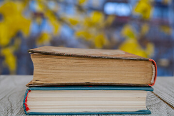 Two books on the table against the background of an autumn landscape