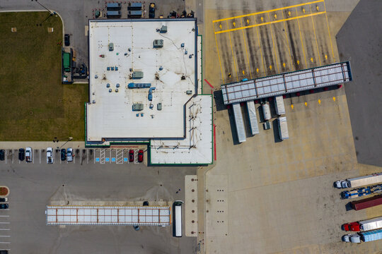 Aerial view of a huge parking lot with trucks in Wilmington near Chicago, Illinois, United States of America.