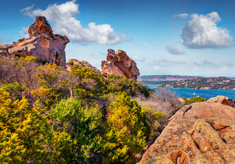 Adorable spring view of outskirts of Palau port, Province of Olbia-Tempio, Italy, Europe. View from popular tourist destination - Rock of the Bear. Incredible morning scene of Sardinia island.
