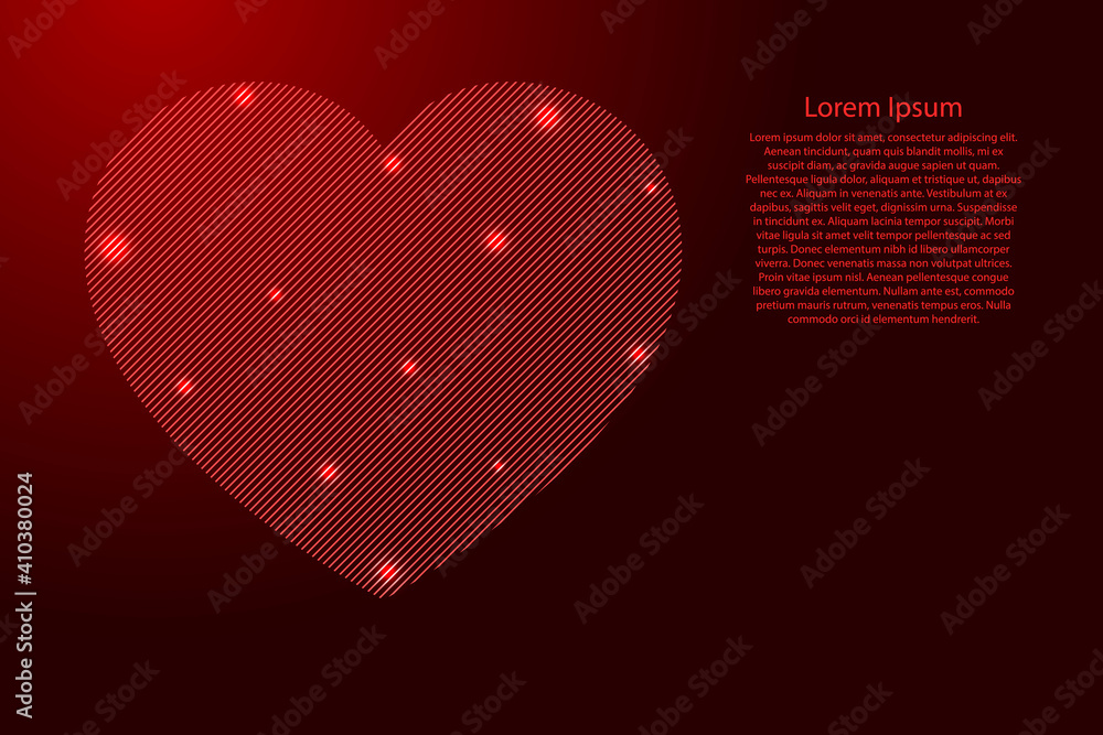 Poster heart is a symbol of love for valentine's day from red pattern slanted parallel lines and glowing sp