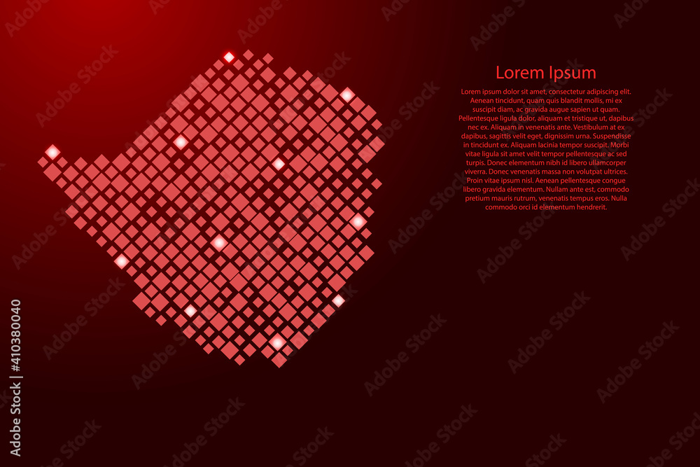 Poster zimbabwe map from red pattern rhombuses of different sizes and glowing space stars grid. vector illu