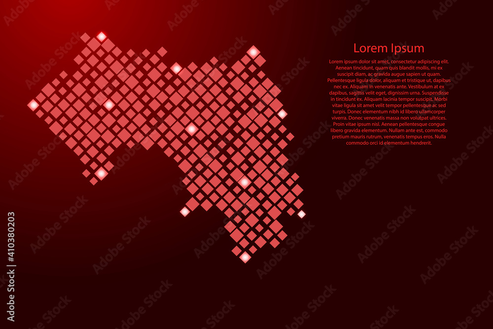 Poster guinea map from red pattern rhombuses of different sizes and glowing space stars grid. vector illust