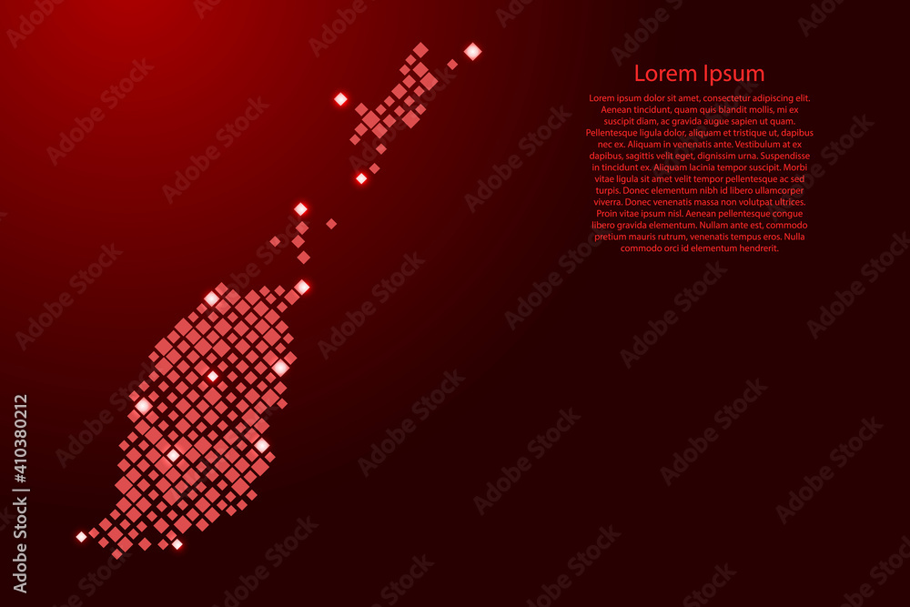 Poster grenada map from red pattern rhombuses of different sizes and glowing space stars grid. vector illus
