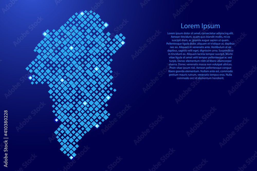 Poster greenland map from blue pattern rhombuses of different sizes and glowing space stars grid. vector il