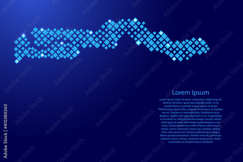Poster gambia map from blue pattern rhombuses of different sizes and glowing space stars grid. vector illus