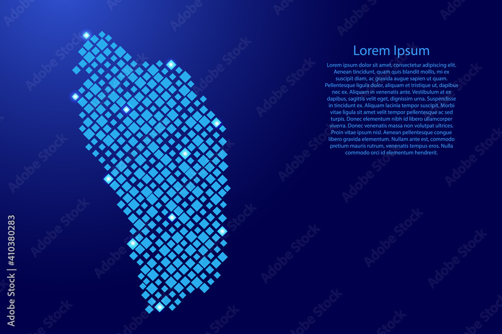 Aufkleber dominica map from blue pattern rhombuses of different sizes and glowing space stars grid. vector ill