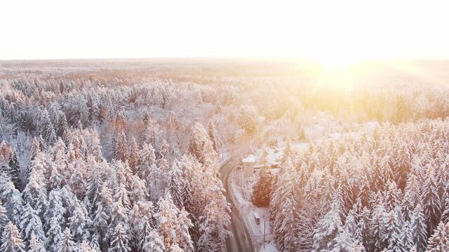 Winter road in the snowy forest. aerial view. Sunset on a background. White car driving on the contryside road in the small village