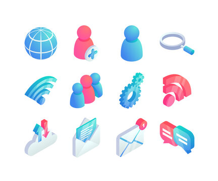 Isometric network icons set, 3d infographics