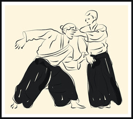 Aikido fighter sketch. Vector poster. Living room poster, wall decoration poster