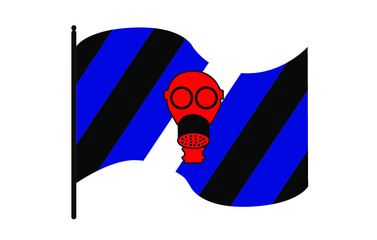 Vector illustration of the waving Gasmask fetish pride flag on white background: blue, white and black stripes with a red gasmask. The symbol of the gasmask fetish community.