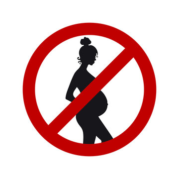 Dangerous for pregnant women. Black female silhouette of a pregnant woman in a round red prohibitory sign. Vector illustration isolated on white background.