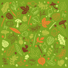 Autumn pattern with mushrooms and leaves on a green background