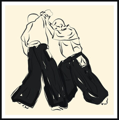 Aikido fighter sketch. Vector poster. Living room poster, wall decoration poster