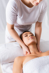 Obraz na płótnie Canvas female masseur doing neck massage to pleased client in spa salon