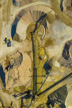 Aerial view of the sandy shapes of a quarry in Blackberry Township, Illinois, United States of America.
