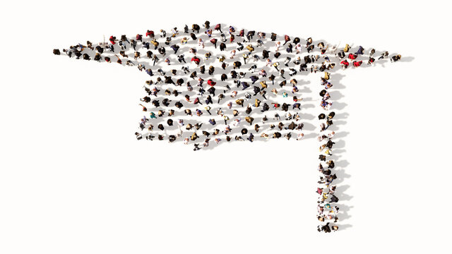 Concept conceptual large gathering of people forming the image of the traditional graduate cap on white background. A 3d illustration metaphor for academic achievement and succes