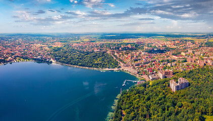 Aerial landscape photography. Splendid summer view of Ternopil town. Sunny afternonn scene of Ternopil lake, Ukraine, Europe. Traveling concept background.
