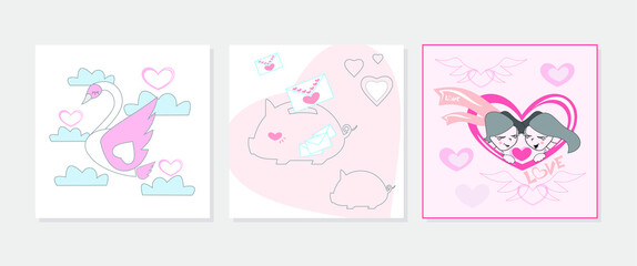 Valentines day vector illustration set of postcards with swan is a symbol of love and fidelity, love boyfriend and girlfriend, piggy bank with love letters. Boy gave girl heart. Lineart hand draw conc
