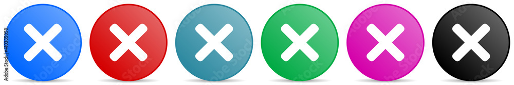 Poster cancel, cross vector icons, set of circle gradient buttons in 6 colors options for webdesign and mob