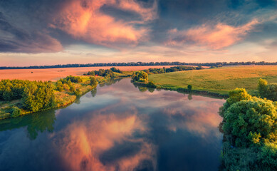 Beautiful summer scenery. Beautiful morning scene of small pond in the outskirts of Ternopil town,...