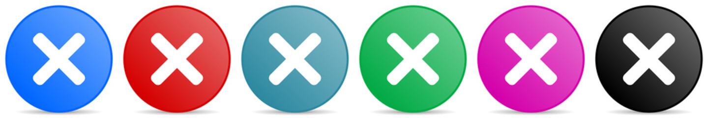 Cancel, cross vector icons, set of circle gradient buttons in 6 colors options for webdesign and mobile applications